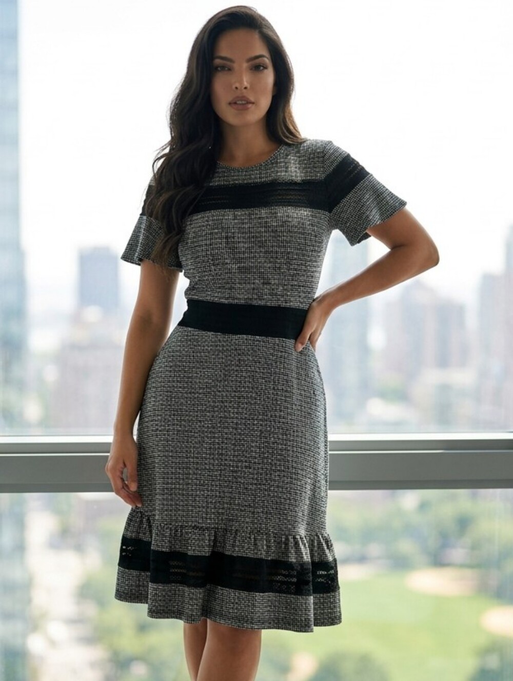 Michael Kors Houndstooth Dress L Black White Stretch Lace Panel Flutter Sleeve